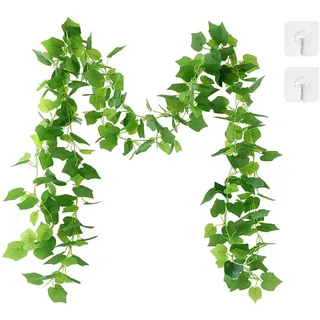 Kellegour 2 Stück Künstliche Girlande Pflanze,Efeu Eukalyptus Girlande,Hängend Grüne Blätter Deko,Efeu künstlich Girlande für Hochzeit,Party,GartenTerrasse,Zimmer,Wand,2.4M