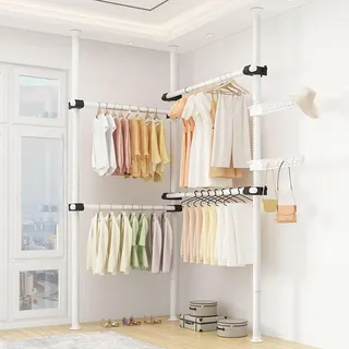 Teleskop-Kleiderstange Hochleistungs-Teleskop-kleiderständer Kleiderständer DIY-Kleiderbügel Kleiderstange mit Aufhängehaken Einstellbare Höhe 110-310cm Verstellbare Breite 78-125cm