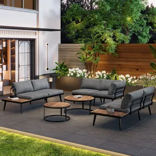 Flieks Gartenlounge-Set Gartenmöbel-Set 6-tlg., Balkonmöbelset für 6 Personen, Gartensofa mit 2 Gartentisch, Gartengarnitur Terassenmöbel mit Kissen - Grau