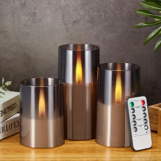 IMAGE flammenlose LED Kerzen mit springenden warmen gelben Flammen, Upgraded flackernde led kerzen Set batteriebetrieben mit Fernbedienung Timer, 3 Größe Acryl-Kerzen (D 3„ x H 4“ 5„ 6“) (Grau)