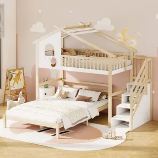 Merax Etagenbett 90x200cm/140x200cm mit Treppe und Rausfallschutz, Hochbett mit Dach und Fenster, Kinderbett Massivholz Stockbett Hausbett, Weiß/Natur - Weiß