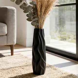 Duoqulou 40cm Moderne Schwarze Keramik Bodenvase, 15.7" Hoch, Dekorative Vase für Pampasgras, Blumen und Trockenblumen, Ideal für Wohnzimmer und Büro