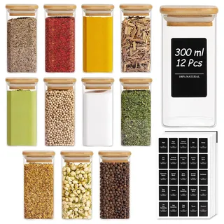 ComSaf Gewürzgläser Eckig 12 x 300 ml, Gewürzgläser Eckig mit Holzdeckel Glas, Gewürzdosen Luftdicht, Gewürzboxen, Spice Jars für Küchenaufbewahrung Salz Chili Zimt Kräuter