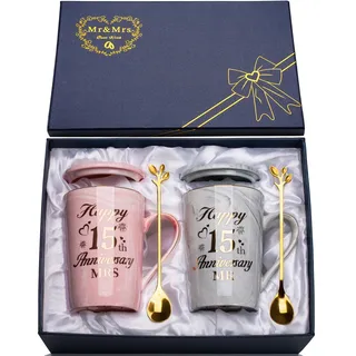 Geschenke zum 15 Hochzeitstag, 2PCS Mr Mrs Keramik Marmor Tasse Set 14 Oz, 15 Hochzeitstag Geschenke Kaffeetassen für Paare, 15-Jahr Beziehung Geschenk mit Karte, Löffel, Becherdeckel, Geschenkbox