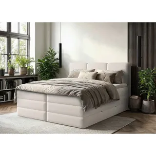 Mid.you Boxspringbett , Weiß , Kunststoff , H2 + H3 , Höhe ca. 19 cm , 180x200 cm , Bettkasten, gepolstertes Kopfteil, Topper durchgehend, Wendematratze mit unterschiedlichen Härtegraden, Matratze geteilt , Holzmöbel, Holzbetten, Boxspringbetten Holz