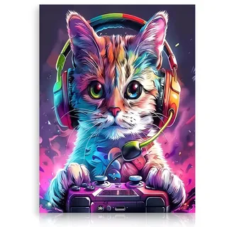Dazzlewall Bunte Gaming Katze Poster, Pop Art Stil mit Kopfhörer Gamepad Bilder für Gaming Zimmer Jugendzimmer Spielzimmer 30x40cm Ohne Rahmen