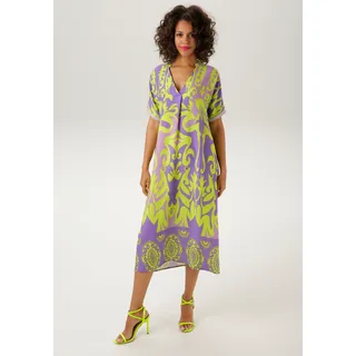 Blusenkleid ANISTON CASUAL, Damen, Gr. 44, N-Gr, bunt (lavendel, apfelgrün, flieder), Web, Obermaterial: 100% Viskose, bedruckt, gemustert, lässig geschnitten kniebedeckend, V-Ausschnitt, Rippbündchen, Kleider Blusenkleid, mit graphischem Druck und Bordüre am Saum, Topseller