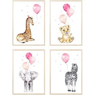 MeinBaby123® Bilder Kinderzimmer | 3er Set DIN A4 Poster Set | Wandbilder | Tiere Luftballon | Deko Bilder Kinderzimmer | Babyzimmer Deko | Wandposter Premium (Tiere & Luftballons rosa)