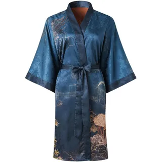 Ledamon Damen Kimono Kurz Robe - Klassischer Floral Bademantel Nachthemd (Dunkelblau)
