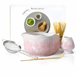 MinXpert Matcha Set Rosa 5-teilig – Matcha Besen Set, Schale mit Ausgießer, Besenhalter, Bambusbesen, Sieb & Löffel – Crystal Glazed Flower Design – Geschenk für Matcha-Liebhaber (Pink)
