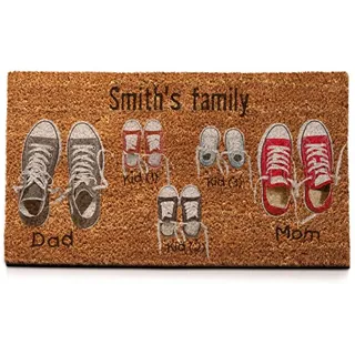 Wanapix | Fußmatte aus Kokosfasern Personalisiert mit Name | Original Türmatte für Innenbereiche | Unterseite | Familien Namen | 2 Schuhe + 3 Kind