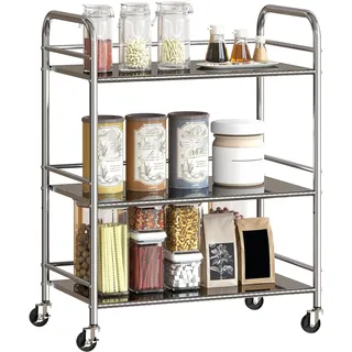 HOMCOM Küchenwagen, Servierwagen mit 3 Ebenen, Edelstahl 201, mit 3 Regalen und Griffen, Aufbewahrungswagen mit Rollen für Wohnzimmer, Büro, Küche, 60 x 35 x 77 cm, Silber