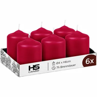 HS Candle Stumpenkerzen Rubinrot (6 Stück) Ø4x6cm, 7h Brenndauer, EU | Unparfümierte Blockkerzen mit ruhigem Abbrand, kompakte Wachskerzen – ideal für Advent, Weihnachten & romantische Abende