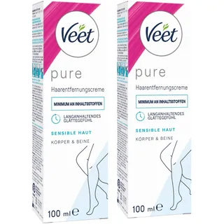 Veet Pure Haarentfernungscreme - 2er Pack - für Körper, Arme & Beine - Enthaarungscreme für sensible Haut - Minimum an Inhaltsstoffen & angenehmer Duft - 2 x 100 ml