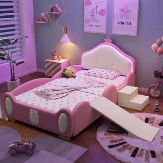 Flieks Kinderbett 90x200cm mit Rutsche und Treppe, Bodenbett Prinzessinbett mit Kronenförmigem Kopfteil, Polsterbett mit Rausfallschutz, PU, Rosa - Rosa