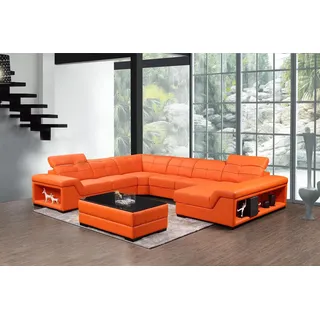XXL Garnitur Designer Wohnlandschaft Ecksofa Sofa Couch U-Form Tisch Leder Neu - Orange