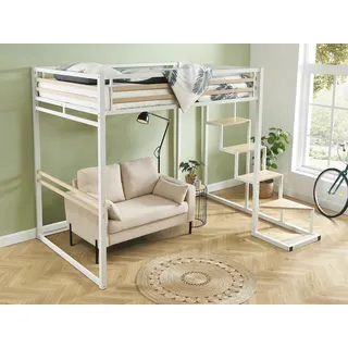 Hochbett mit Matratze - 140 x 200 cm - Metall & MDF - Weiß - JOGUI