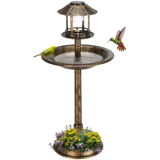 LEADZM Vogeltränke Stehend, Vogeltränke aus Starkes PP-Material, Vogelbad | mit Solarleuchte, Blumenkübel & befüllbarem Ständer, Futterstation für Draußen Garten und Terrasse, 51 x 51 x 106 cm, Bronze