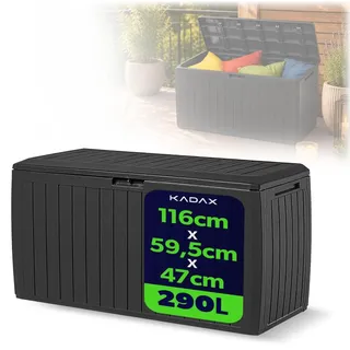 KADAX Gartenkiste, 116,6x47x59,5cm Aufbewahrungsbox aus Kunststoff, 290L Gartentruhe mit Griffen und Verschluss, Gartenbox für Aufbewahrung von Kissen (290 L, Anthrazit)