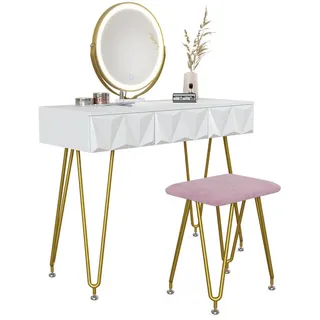 Vicco Schminktisch Ruby Weiß 100 cm mit LED Beleuchtung und Hocker , Holzwerkstoff , Rechteckig,Rechteckig , 100x79x40 cm , Schlafzimmer, Schminktische