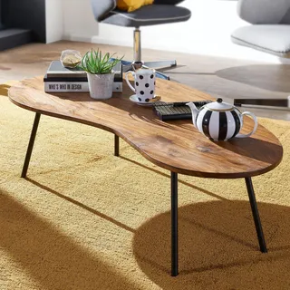 FineBuy Couchtisch Sheesham Massivholz 122x63 cm · Wohnzimmertisch im Retro Design · Nierenform 50er Stil · Handgefertigt mit Metallbeinen - Braun