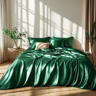 Lanqinglv Satin Bettwäsche Set 135x200 cm Dunkelgrün Grün Seide Glatt Glanzsatin Luxus Sommerbettwäsche Set Satin Polyester Uni Bettbezug mit Reißverschluss und 1 Kissenbezug 80x80cm