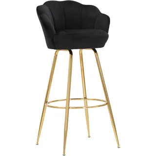 Vienna Glam Barhocker in Schwarz und Gold – Hoher Samthocker mit goldfarbenen Metallbeinen in Blütenform, Sitzhöhe 90 cm - Schwarz