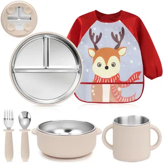 MOJINL Baby Geschirrset Edelstahl mit Saugnapf, 6 Stück Kindergeschirr Set | Edelstahl Beikost Set mit Babyteller, Trinklernbecher, Baby Lätzchen mit Ärmeln, Baby Löffel Gabel Schüssel, BPA Frei (Beige)
