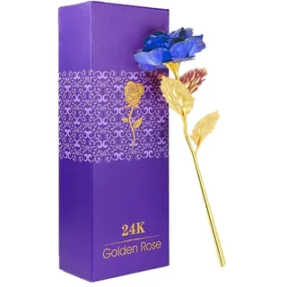 WeFoonLo Creative Künstliche 24K Gold Rose Blume Kunststoff Lange Stiel echte Rose in Gold mit Geschenkbox für Muttertag, Valentinstag, Geburtstag, Thanksgiving Day eingetaucht (Blau + Gold)