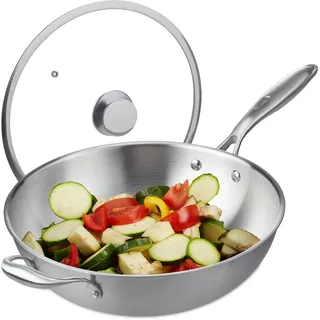 Relaxdays Edelstahl Wok, mit Deckel silber