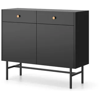 Selsey Kommode Aufbewahrungsschrank 2 Türen 2 Schubladen 104 cm Schrank Schubladenschrank Schwarze Metallbeine Pulverbeschichtet Schwarz Divenos