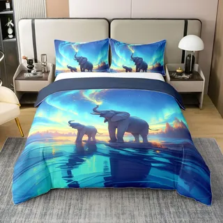 100% Baumwolle Elefanten Bettbezug 155x220,Sternenhimmel Tiere Tröster Bezug,3D Wildlife Weiche Bettwäsche Set für Schlafzimmer,Blau Gelbe Tiere Sterne Gedruckt Kinder Teens Bettbezug