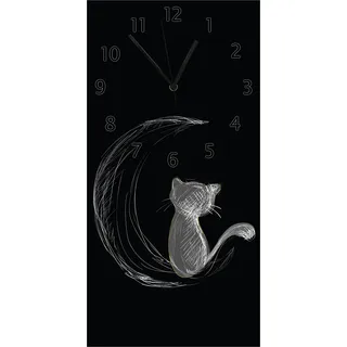 Wallario Design Wanduhr Katze sitzt auf dem Mond - illustriert in weiß auf schwarz aus Echtglas, Größe 30 x 60 cm - Gelb