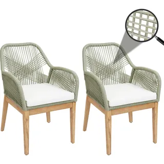 2er-Set Gartenstuhl HWC-H56b, Sessel Outdoor, wetterfest Seilgeflecht Rope Holz Akazie  grün Kissen creme - Grün