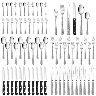 Besteck Set, HaWare 72-teiliges Edelstahl Besteckset mit Steakmesser für 12 Personen, Modernes Essbesteck Set mit Hammergriff, Messer Gabel Löffel Set für Zuhause/Restaurant, Spülmaschinenfest