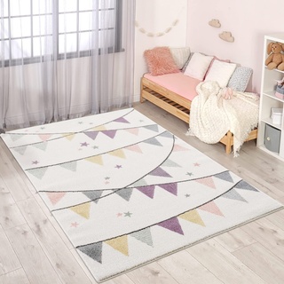 Kinderteppich Kinderzimmer Creme Lila - 80x150 cm - Wimpel-Motiv - Kinderzimmerteppiche Mädchen - Babyzimmer-Teppich - Spielteppich