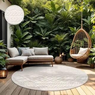 TT Home In-& Outdoorteppich Wetterfest Balkon Schlafzimmer Boho Skandi Motiv Unifarben Geometrische Optik Moderner Style Größe 200 cm Rund - Creme