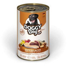 DOGGY Dog Paté Ente & Lachs, 6 x 400 g, Nassfutter für Hunde, getreidefreies Hundefutter mit Lachsöl und Grünlippmuschel, Alleinfuttermittel mit Süßkartoffel und Tomate, Made in Germany