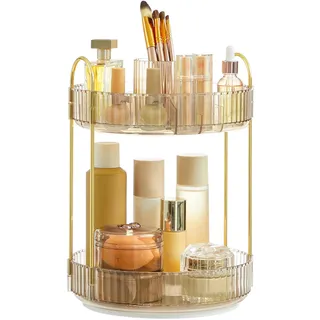 SONGMICS Make-up Organizer drehbar, Kosmetik-Organizer rund, 2 Ebenen, Kosmetik Aufbewahrung, anpassbar, für Schminktisch, Geschenkidee, Champagnergold JKA012A01
