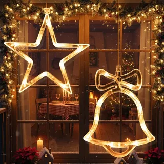 LED Weihnachtsstern Fensterlichter 2Stück Warmweiß LED Stern Glocke Lichter Fenster Hängeleuchten Batteriebetrieben Weihnachtsdeko Tür Haus Party Deko
