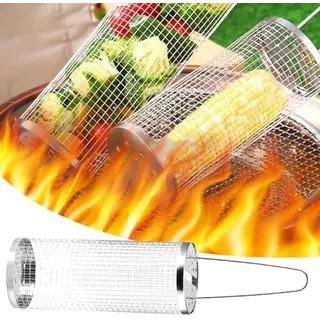 Rollender Grillkorb, rollender Grillkorb für Outdoor-Grillen, runder Edelstahl-Grillrost, tragbarer Outdoor-Camping-Grillrost für Gemüse, Pommes Frites, Fisch