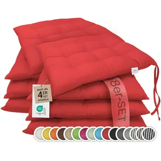 ZOLLNER 8er Set Sitzkissen in 40x40cm - gemütliche Stuhlkissen mit Bindebänder - waschbar bis 30°C - in rot - Oeko Tex® Zertifiziert