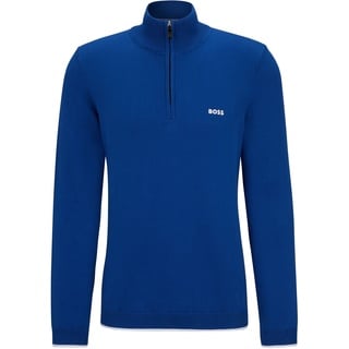 BOSS Herren Zallo Pullover aus Bio-Baumwolle mit Troyerkragen und geschwungenem Logo Blau L