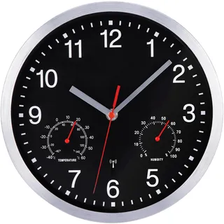 NESIFEE wanduhr ohne tickgeräusche Radio funkuhr Wand Schwarze mit Temperatur und Feuchtigkeit 25cm batteriebetrieben groß Vintage modern lautlos Uhr Wand für Küche Schlafzimmer Wohnzimmer Kinder