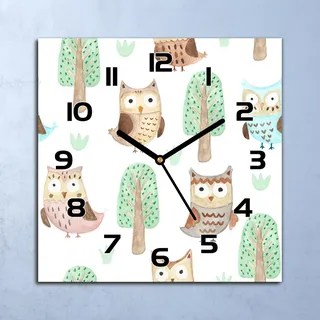Wanduhr Echt-Glas-Küchenuhr Eulen und Bäume Quarz Lautlos 30x30 Deko Bilder