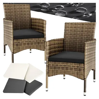 2er Set Gartenstuhl aus Polyrattan, Gartenmöbel Set mit 2 Sessel, Outdoor Rattansessel inklusive Sitzpolster und 2 Bezugssets, rostfreie Edelstahlschrauben, pflegeleicht - Natur/dunkelgrau