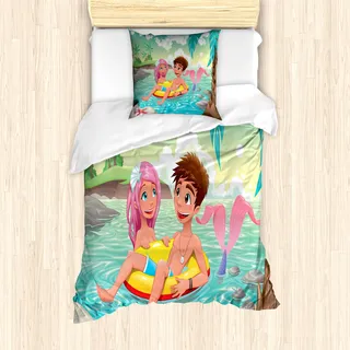 ABAKUHAUS Meerjungfrau Mantele, Cartoon Tropical Liebe, Milbensicher Allergiker geeignet mit Kissenbezügen, 135 cm x 200 cm - 80 x 80 cm, Mehrfarbig