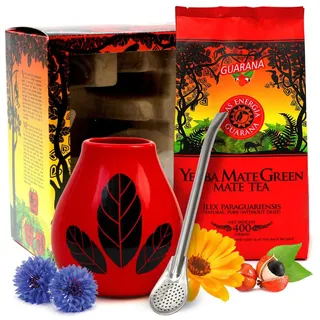 Geschenkset Mate Green yerba mate-tee Mas Energia Guarana mit guarana 400g | Hoja Rot mate-tee becher 350ml kearmik tassen | Edelstahl trinkhalm bombilla 19cm | Geschenkset von bester Qualität Mate