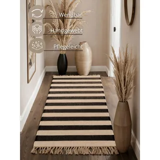 HANSE HOME Playa natur, weiß, schwarz, B:80cm H:6mm L:200cm, Jute, Teppiche, Teppich, Jute, Handgemacht, Naturteppich, Wohnzimmer, Läufer, Fransen,