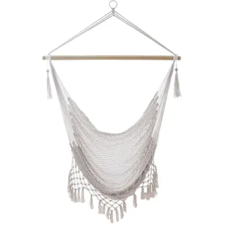 Intirilife Hängesessel Macramee in Beige mit Fransenkante - 90 x 130 cm - Bequeme platzsparende und atmungsaktive Sitzmöglichkeit für Drinnen und Draußen